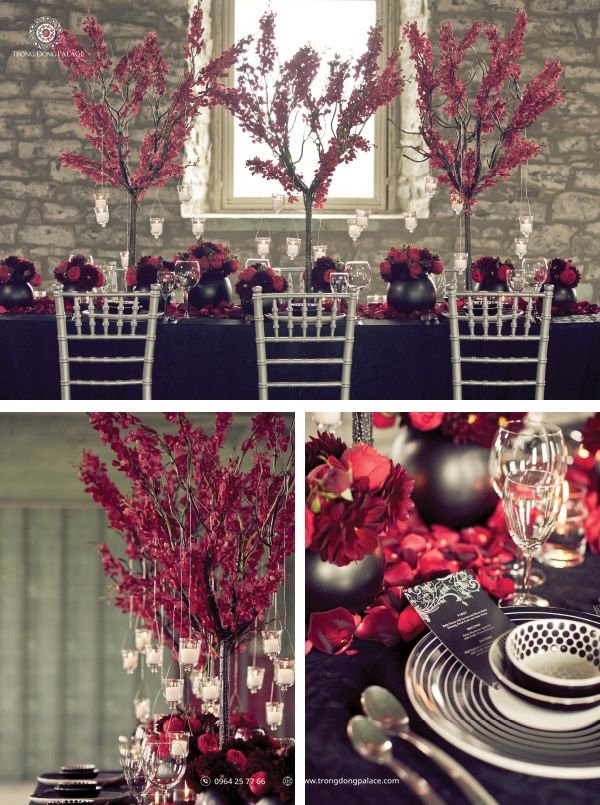 hoa để bàn đám cưới tông đỏ Burgundy cành cao nổi bật quyền lực